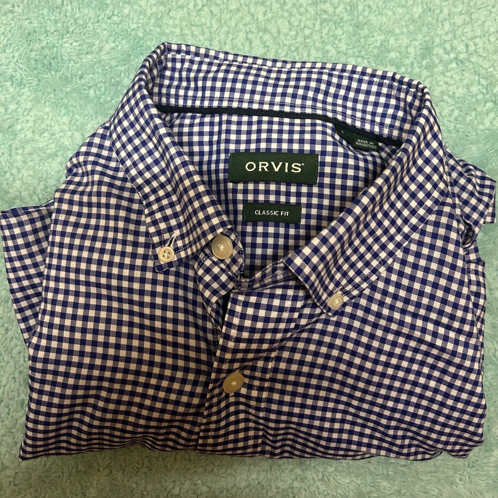 Orvis Men's Navy and White Plaid Shirt